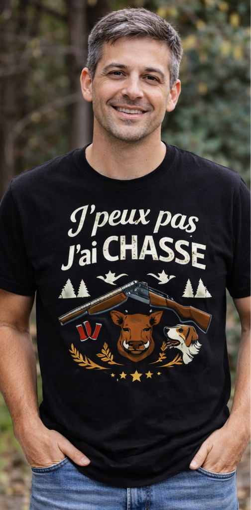 🍺 T-Shirt Humoristique Homme – “Je peux pas, j’ai chasse”
