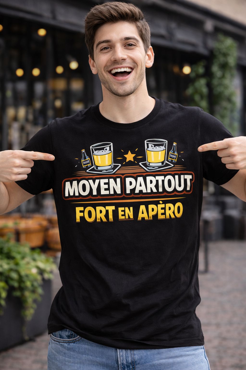 🍺 T-Shirt Humoristique Homme – “Moyen partout, fort en apéro”