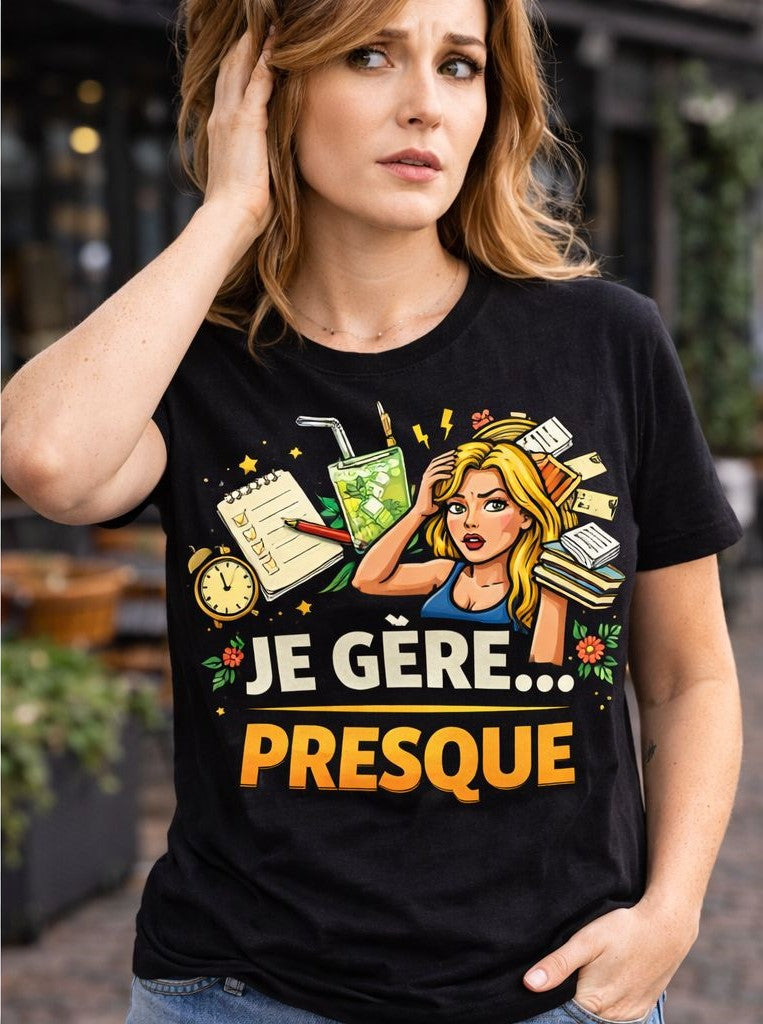 😏 T-Shirt Humoristique Femme –  “Je gère… presque”